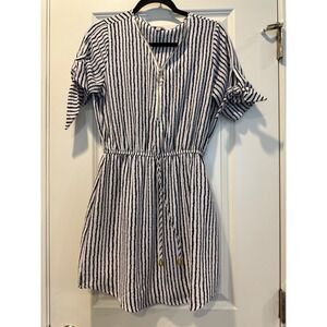 J for Justify Navy White Striped Mini Dress Gold Zip Front Tie Sleeve Womens S